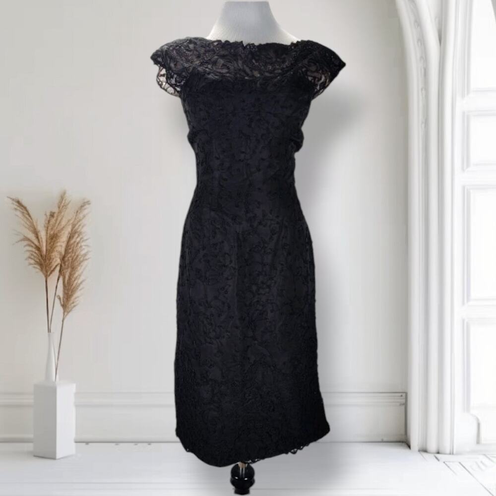 Vintage 50s Black Cocktail Dress S Embroidered Illusion Lace Wiggle Sheath